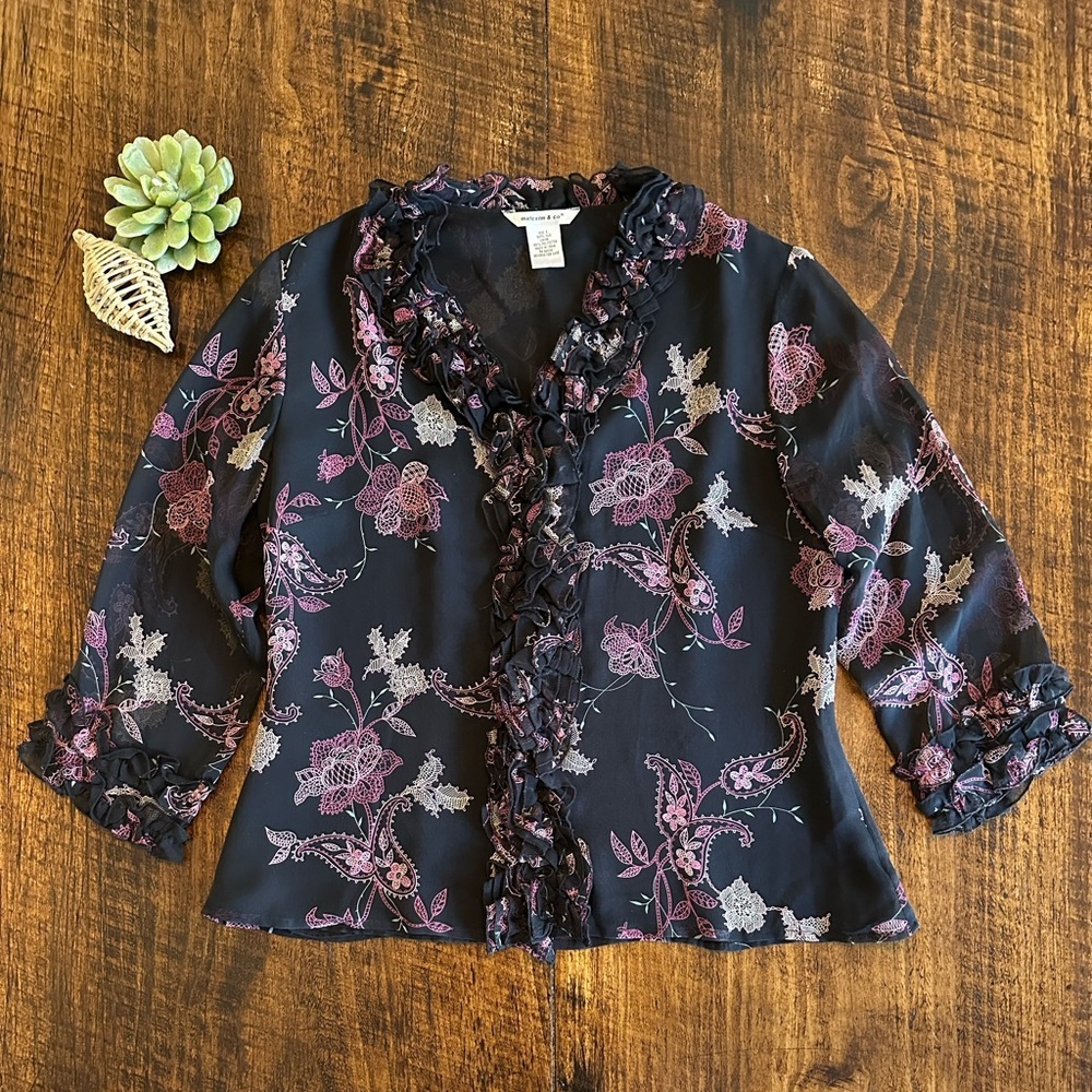 Malcolm & Co | 100% Silk Vintage Floral Button Front Blouse w/Riffle, Size S